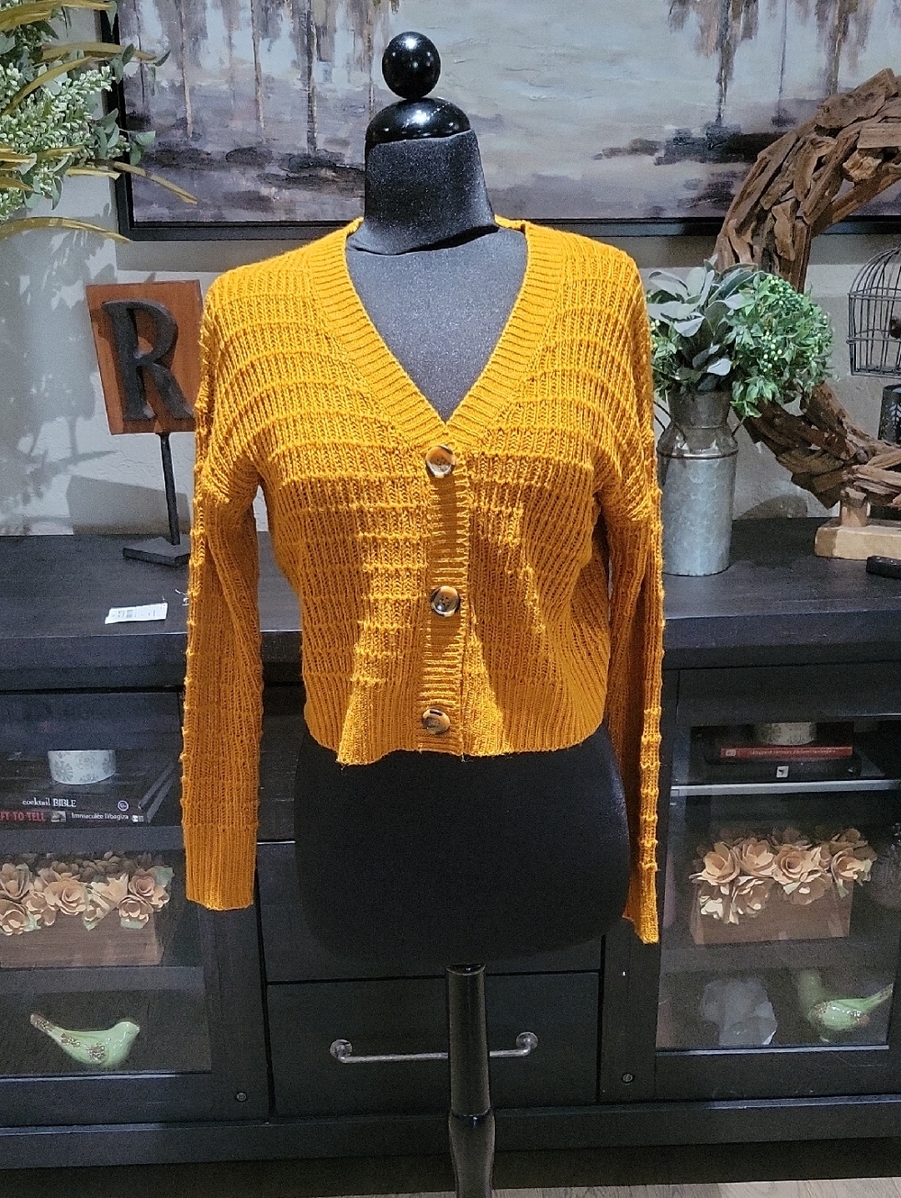 Cropped V-Neck Button Cardigan - Mustard